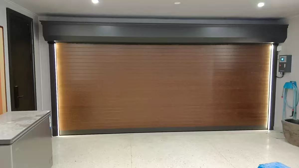 Wooden theme garage door in a modern interior setting